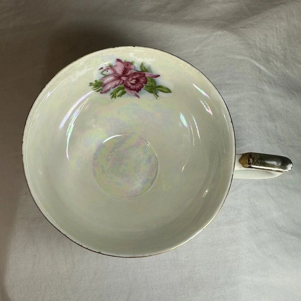Iridescent Pink Orchid Tea Cup Reticulated Saucer‎ Lusterware Grandmillennial